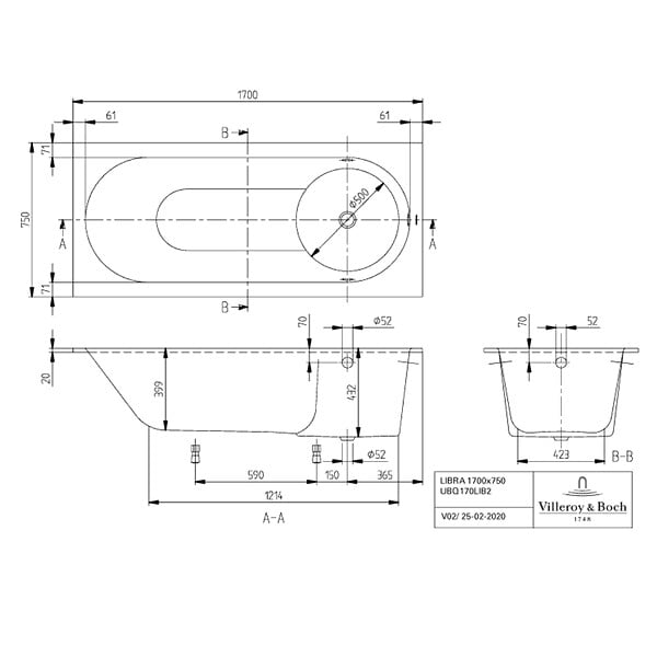 VILLEROY ET BOCH - Villeroy & Boch Libra Baignoire rectangulaire 1700 x 750 mm Blanc - large