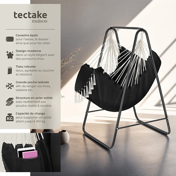 TECTAKE - Fauteuil suspendu ALISON style boho avec une capacité de charge de 160kg noir - large