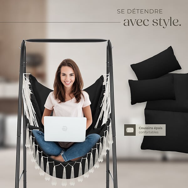 TECTAKE - Fauteuil suspendu ALISON style boho avec une capacité de charge de 160kg noir - large