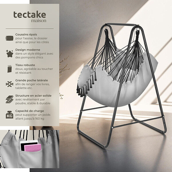 TECTAKE - Fauteuil suspendu ALISON style boho avec une capacité de charge de 160kg gris - large