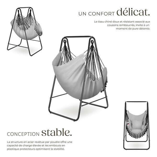 TECTAKE - Fauteuil suspendu ALISON style boho avec une capacité de charge de 160kg gris - large