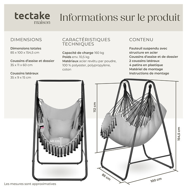 TECTAKE - Fauteuil suspendu ALISON style boho avec une capacité de charge de 160kg gris - large
