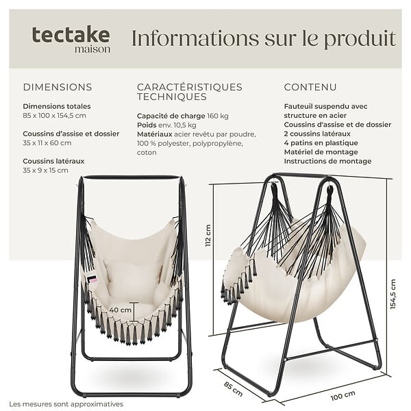 TECTAKE - Fauteuil suspendu ALISON style boho avec une capacité de charge de 160kg beige - large
