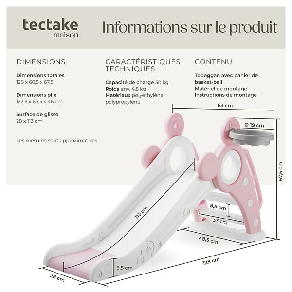 TECTAKE - Toboggan pliable JOY pour enfants avec panier de basket rose - large