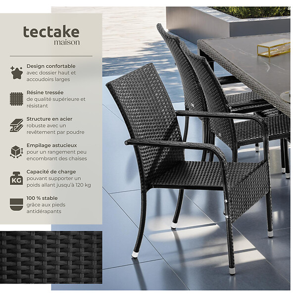TECTAKE - Chaise en résine tressée GIRONA avec une capacité de charge de 120 kg noir - large