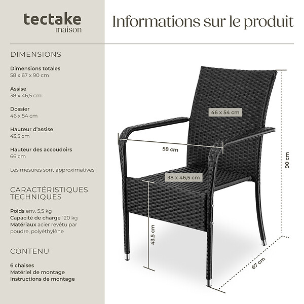 TECTAKE - Chaise en résine tressée GIRONA avec une capacité de charge de 120 kg noir - large