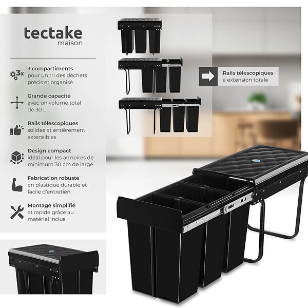 TECTAKE - Poubelle de tri  ASHLYN 30 L avec 3 compartiments noir - large