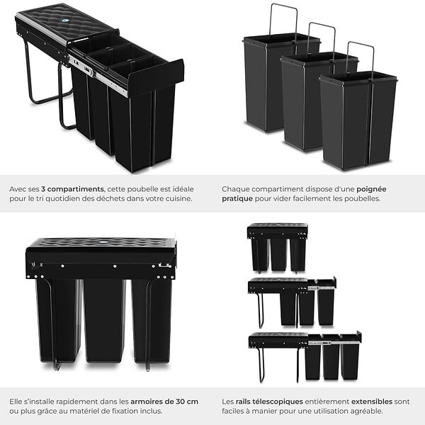 TECTAKE - Poubelle de tri  ASHLYN 30 L avec 3 compartiments noir - large