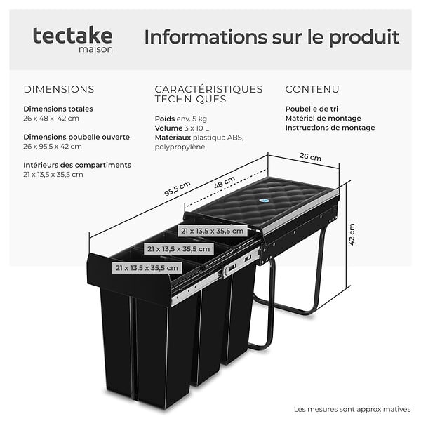 TECTAKE - Poubelle de tri  ASHLYN 30 L avec 3 compartiments noir - large