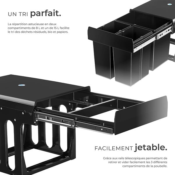 TECTAKE - Poubelle de tri système de collecte spacieux rails télescopiques 3 bacs séparés noir 35 x 48 x 35 cm - large