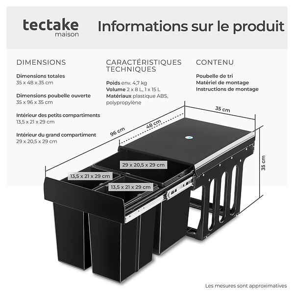 TECTAKE - Poubelle de tri système de collecte spacieux rails télescopiques 3 bacs séparés noir 35 x 48 x 35 cm - large