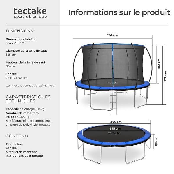 TECTAKE - Trampoline JUMPY avec filet de sécurité noir/bleu - large