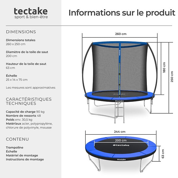 TECTAKE - Trampoline JUMPY avec filet de sécurité noir/bleu - large