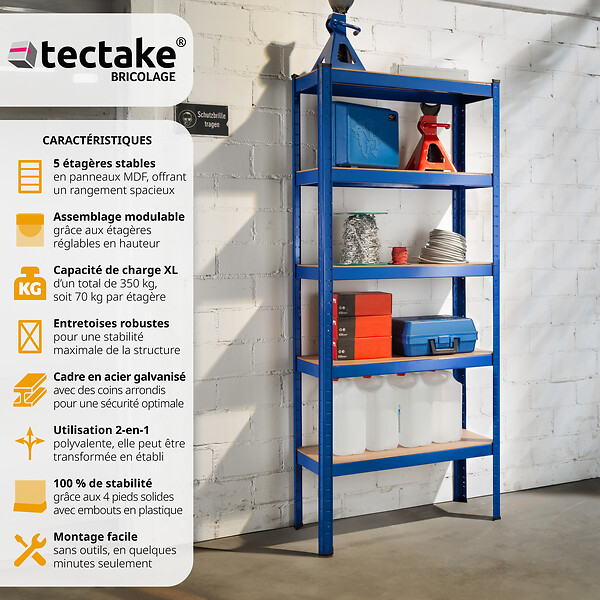 TECTAKE - Etagères charges lourdes à 5 niveaux bleu - large
