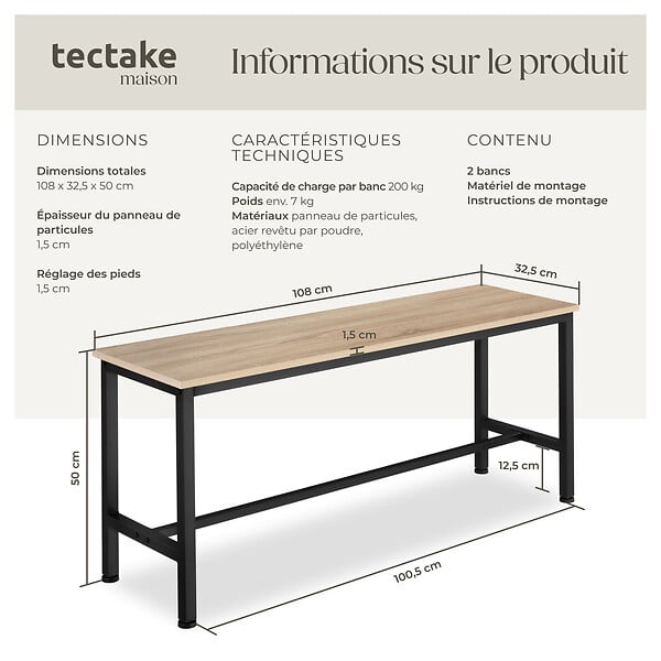 TECTAKE - 2 bancs Fairfield Bois clair industriel, Chêne Sonoma - large