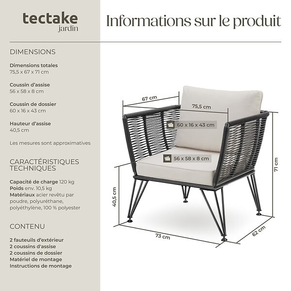 TECTAKE - Lot de fauteuils de jardin en résine tressée SUNDO gris anthracite - large