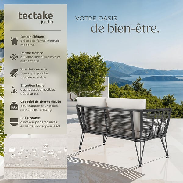 TECTAKE - Canapé de jardin SUNDO en résine tressée gris anthracite - large