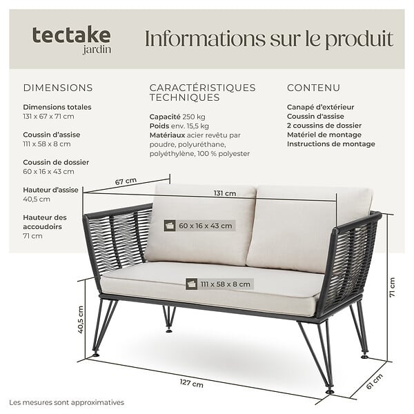 TECTAKE - Canapé de jardin SUNDO en résine tressée gris anthracite - large