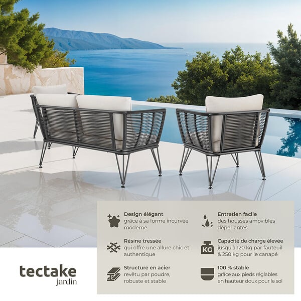 TECTAKE - Salon de jardin SUNDO en résine tressée gris anthracite - large