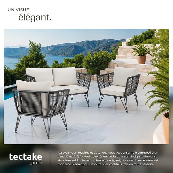TECTAKE - Salon de jardin SUNDO en résine tressée gris anthracite - large
