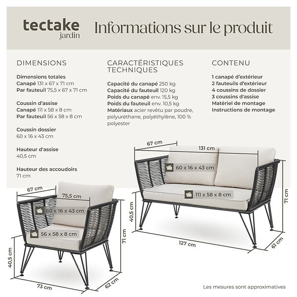 TECTAKE - Salon de jardin SUNDO en résine tressée gris anthracite - large