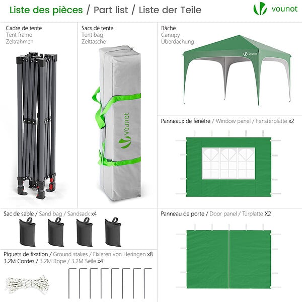 VOUNOT - Tonnelle de jardin Arquee 3x3m Pliable avec porte et fenetre amovible vert - large