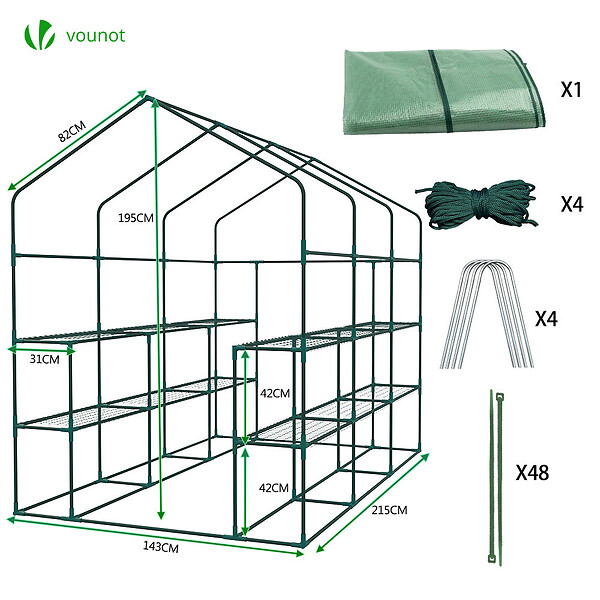 VOUNOT - Serre de jardin avec etageres et bache PE renforcee 135g/m2 143x215x195cm Vert - large