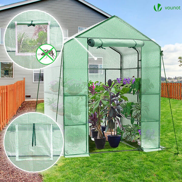VOUNOT - Serre de jardin avec etageres et bache PE renforcee 135g/m2 143x143x195cm Vert - large