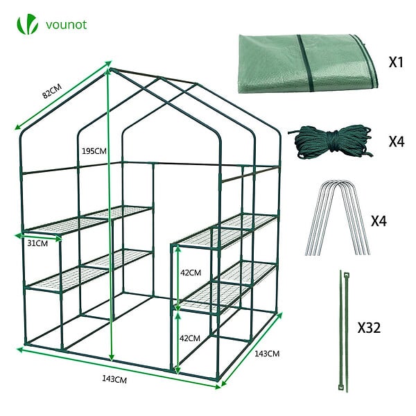 VOUNOT - Serre de jardin avec etageres et bache PE renforcee 135g/m2 143x143x195cm Vert - large