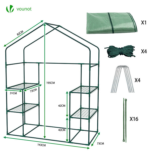 VOUNOT - Serre de jardin avec etageres et bache PE renforcee 135g/m2 143x73x195cm Vert - large