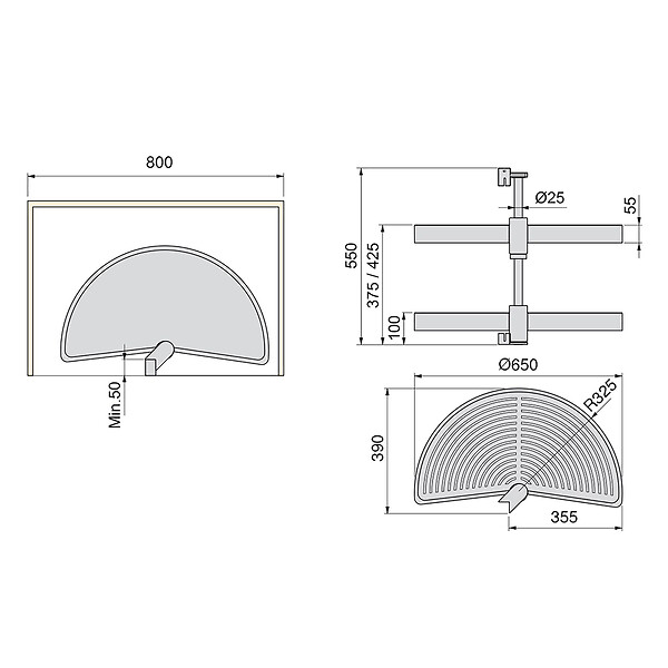 EMUCA - jeu de plateaux rotatifs Shelvo 1/2 lune, pour module de 800mm, plastique et aluminium, Gris - large