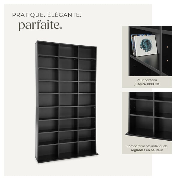 TECTAKE - Étagère bibliothèque rangement média noir 180 x 102 x 23,5 cm 27 compartiments 24 étagères réglables - large