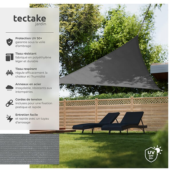 TECTAKE - Voile d'ombrage triangulaire, gris gris - large