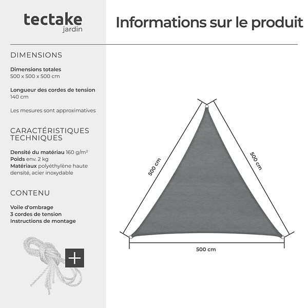 TECTAKE - Voile d'ombrage triangulaire, gris gris - large