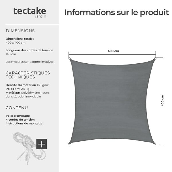 TECTAKE - Voile d'ombrage carrée, gris gris - large