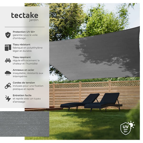 TECTAKE - Voile d'ombrage carrée, gris gris - large