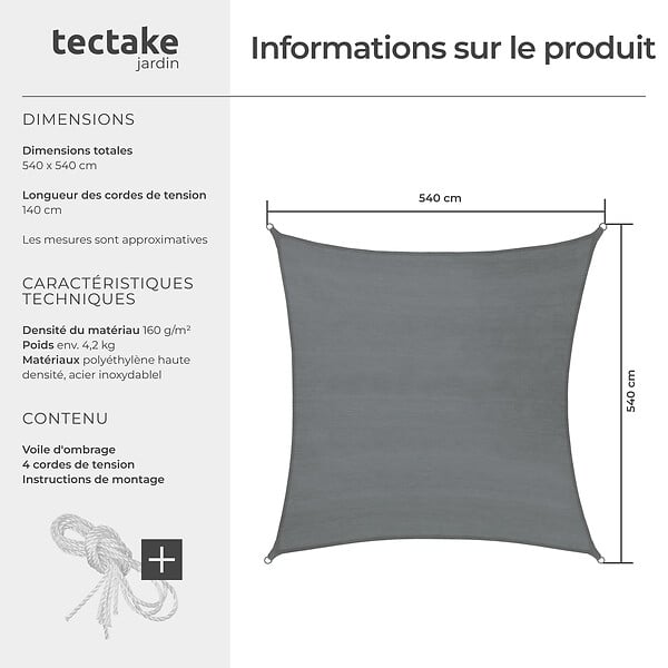 TECTAKE - Voile d'ombrage carrée, gris gris - large
