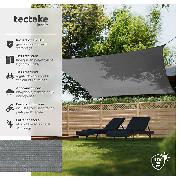 TECTAKE - Voile d'ombrage carrée, gris gris - large