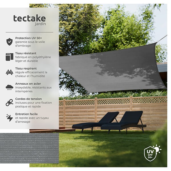 TECTAKE - Voile d'ombrage carrée, gris gris - large