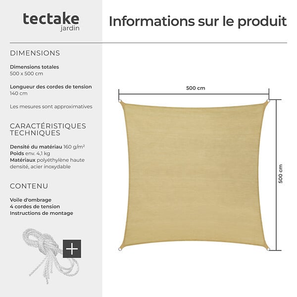 TECTAKE - Voile d'ombrage carrée, beige beige - large