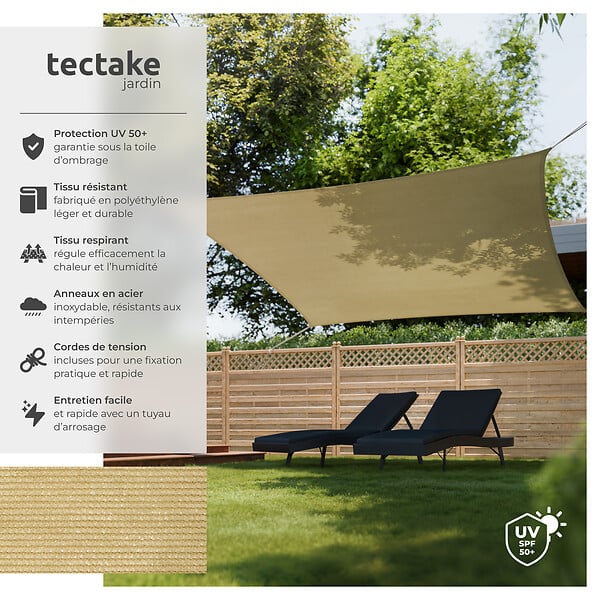 TECTAKE - Voile d'ombrage carrée, beige beige - large