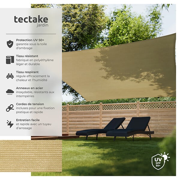 TECTAKE - Voile d'ombrage carrée, beige beige - large
