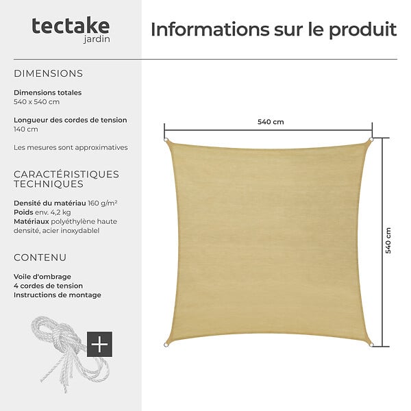 TECTAKE - Voile d'ombrage carrée, beige beige - large