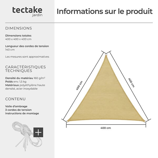 TECTAKE - Voile d'ombrage triangulaire, beige beige - large