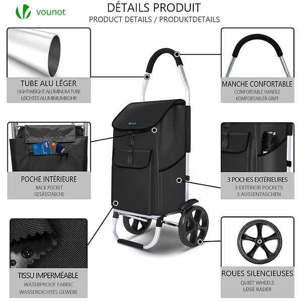 VOUNOT - Chariot de course pliable aluminium 2 roues noir - large