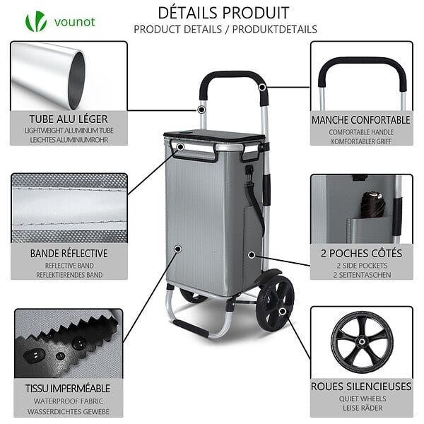 VOUNOT - Chariot de course pliable aluminium 2 roues avec sac isotherme gris - large