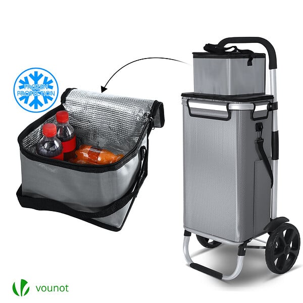 VOUNOT - Chariot de course pliable aluminium 2 roues avec sac isotherme gris - large