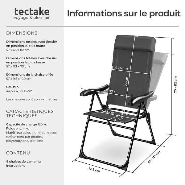 TECTAKE - Chaise de camping pliable MÜRITZ en aluminium avec appui-tête gris anthracite - large