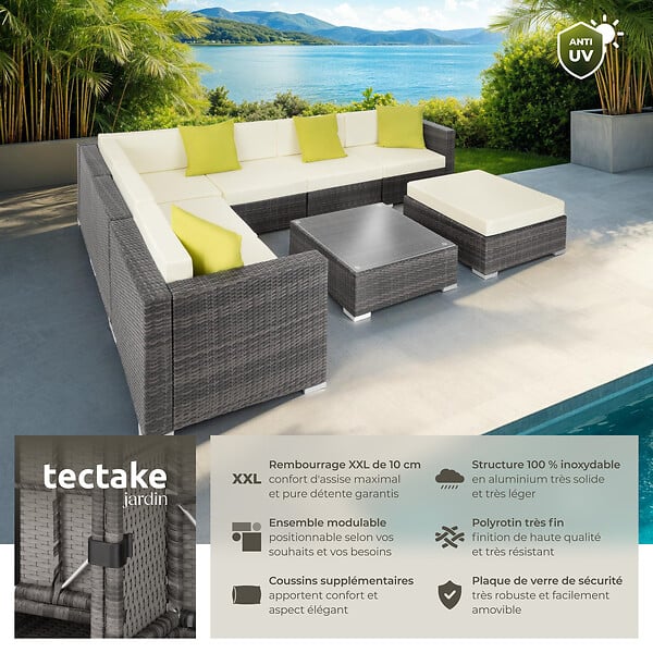 TECTAKE - Canapé de jardin MARBELLA modulable 7 places, variante 2 gris - large