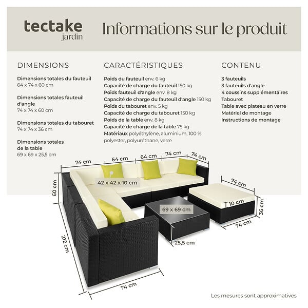 TECTAKE - Canapé de jardin MARBELLA modulable 7 places, variante 2 noir - large